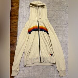 Aviator Nation, Beige & Rainbow Stripe Zip Up, Size Medium
